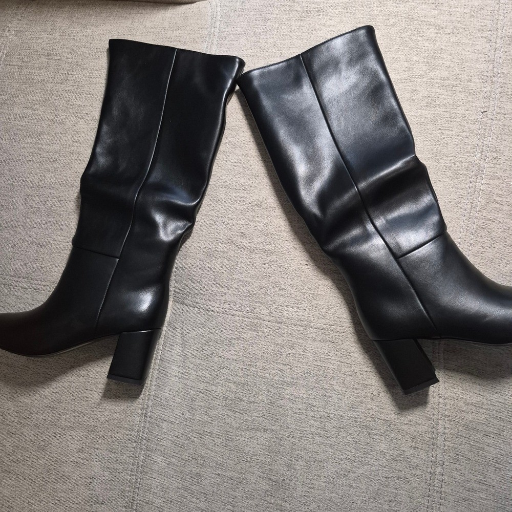 Wetkiss Black Faux Leather Knee High Slouchy Pointed Block Heel Boots Womens 7